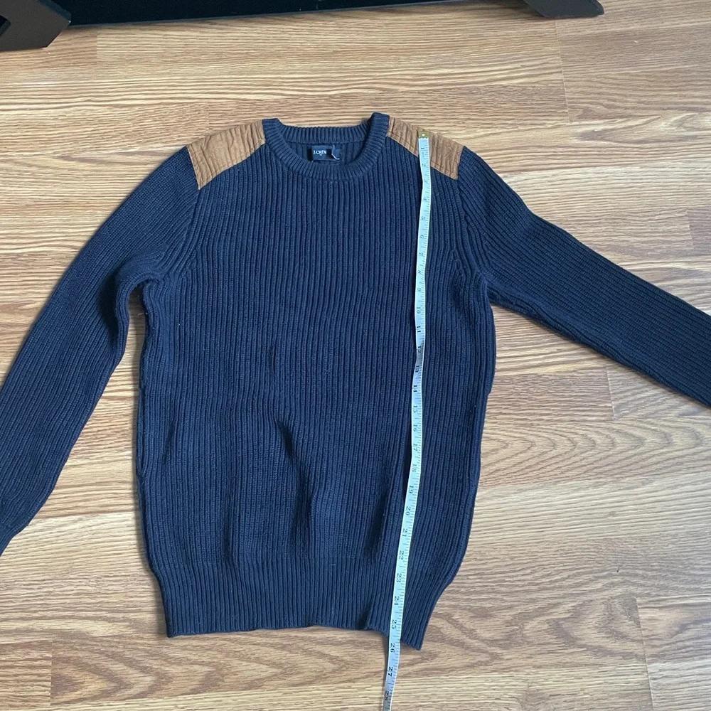 J.Crew Woodsman Crew Neck Suede Shoulder Patch Chunky Ribbed Sweater Navy Sz XS
